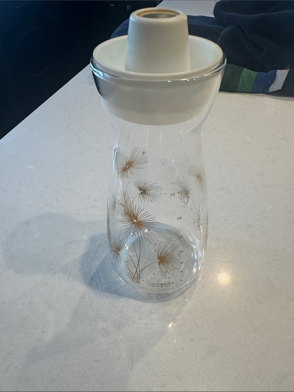 Pyrex Glass 2632 juice Pitcher with Gold Dandelion Motif and White Lid